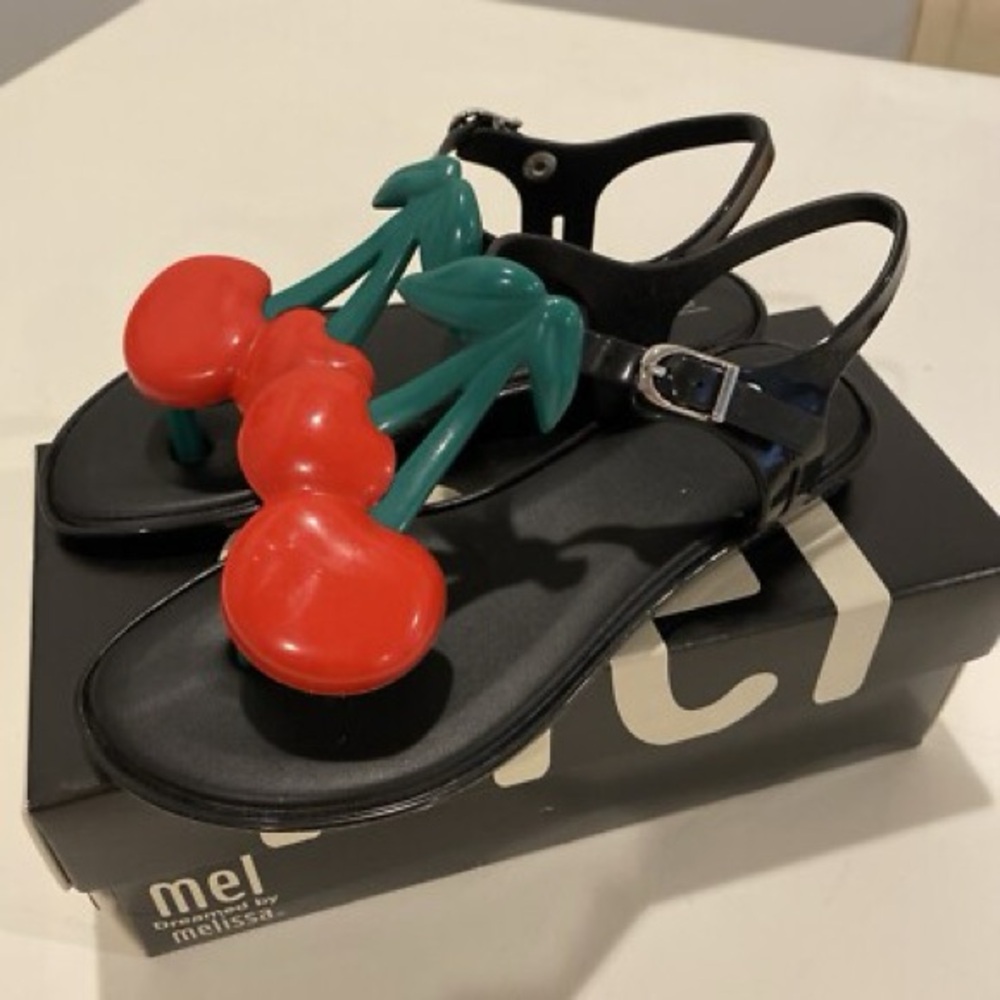 Melissa Black Sandals with Red and Green Cherry Accents